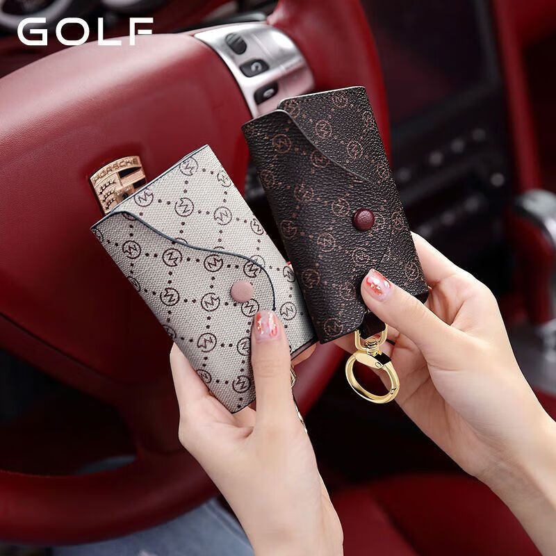 Ye Yu Golf GOLF key bag for women, fashion printed card bag, multi-functional anti-theft coin purse, key chain gift box, smoke pink with apricot color