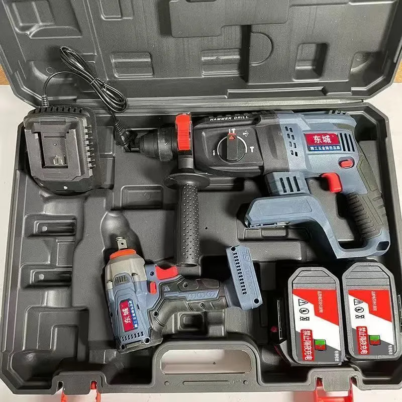 Dongcheng model universal brushless rechargeable electric hammer impact drill electric hammer angle grinder electric wrench four-piece tool set Dongcheng model 15 cells + brushless motor + plastic box 4 batteries 2 charges electric drill + electric hammer + angle grinder + electric wrench