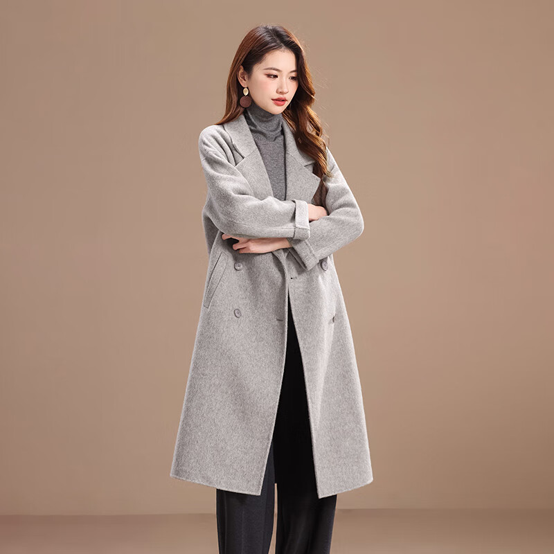 Qianbai Nian Wool & Cashmere Double-sided Wool Coat Women's Autumn and Winter New Style Suit Collar Soft Long Thick Coat Turtle Gray M