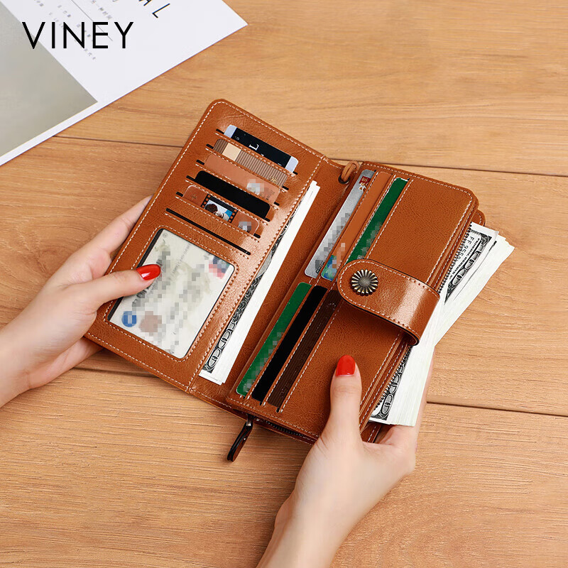 Viney cowhide wallet women's long large capacity multi-card slot multi-function clutch bag high-end light luxury coin purse wallet wallet