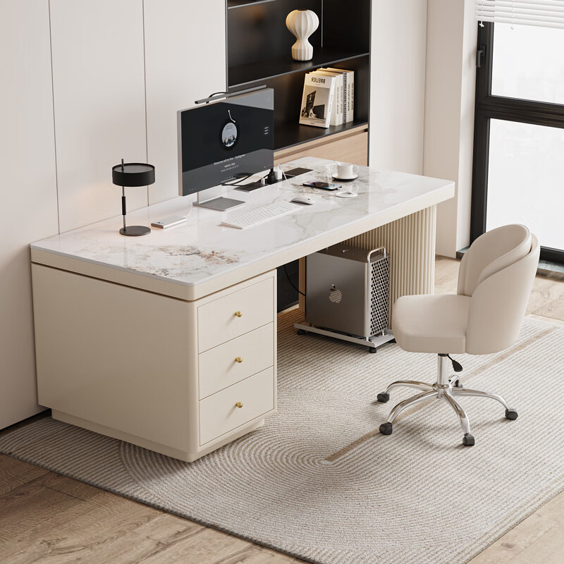 Verdanten minimalist modern style computer desk bedroom student study table new home slate desk study office writing desk off-white feet + off-white cabinet + Chanel glossy surface 160*60*75 single table with desktop row + threading hole + host position