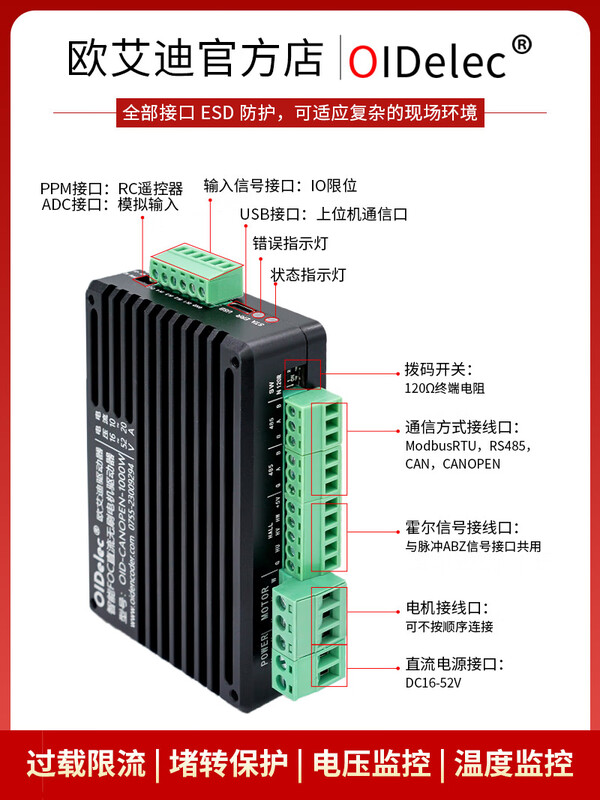 FOC brushless DC motor driver servo motor driver board 485 analog signal CAN pulse potentiometer OID-CANOPEN-1800W provides free remote technical support