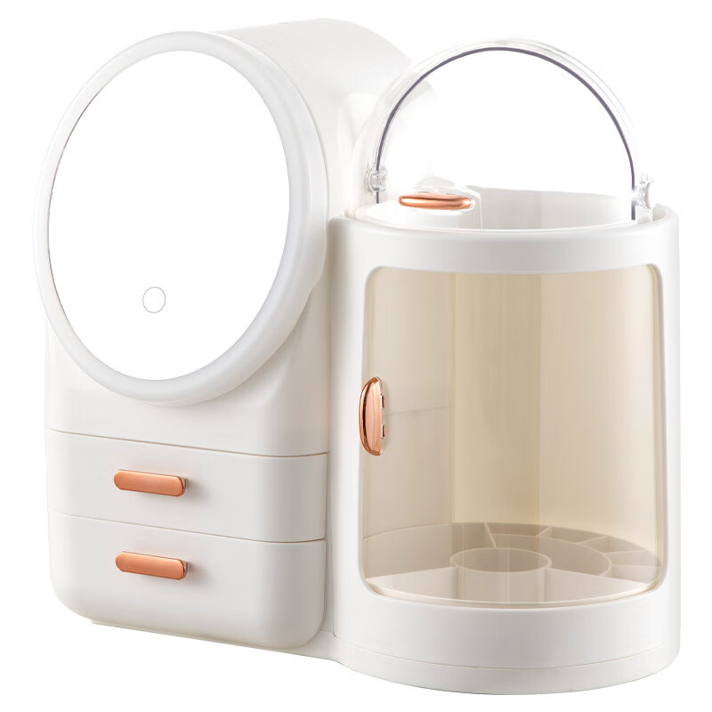 Rotating cosmetic storage box with mirror integrated with light large capacity skin care product storage box dustproof white