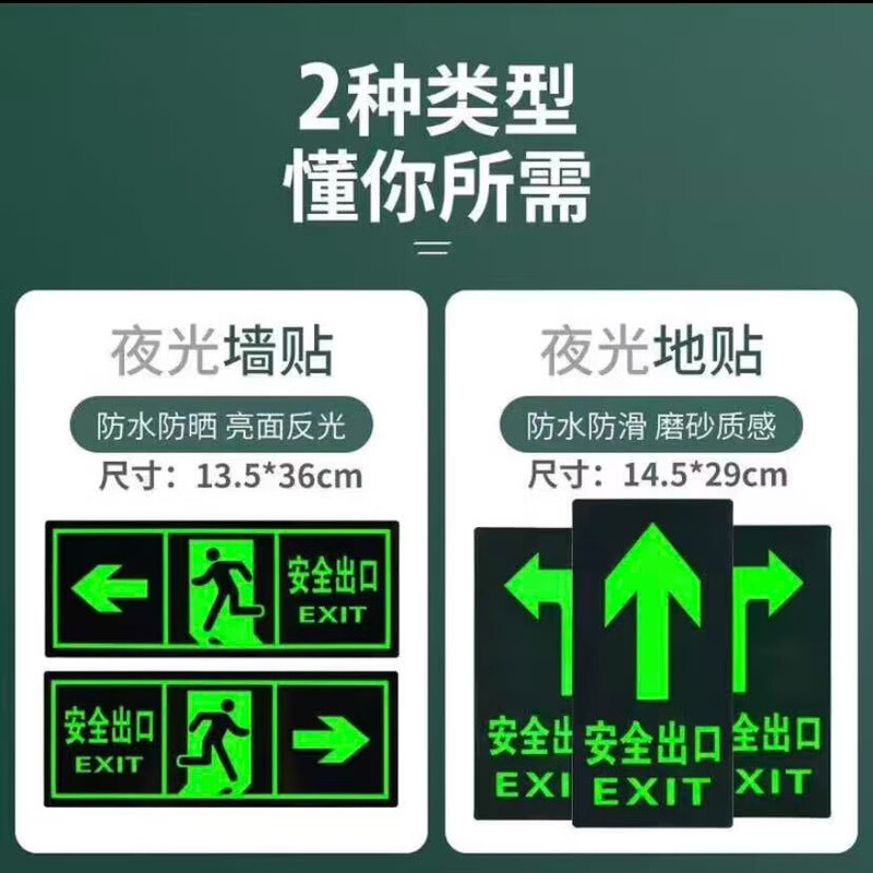 Zhenhao fire sign warning stickers, safety exit luminous stickers 36*13.5CM5 sheets, self-luminous prompt wall stickers, emergency evacuation signs, self-luminous stickers, safety supervision signage floor stickers