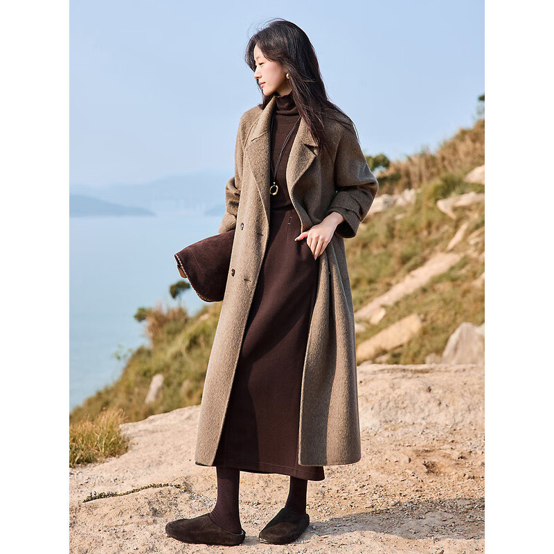 Mohan Yimei casual handmade wool double-sided woolen coat containing camel hair 25 winter long lace-up woolen coat