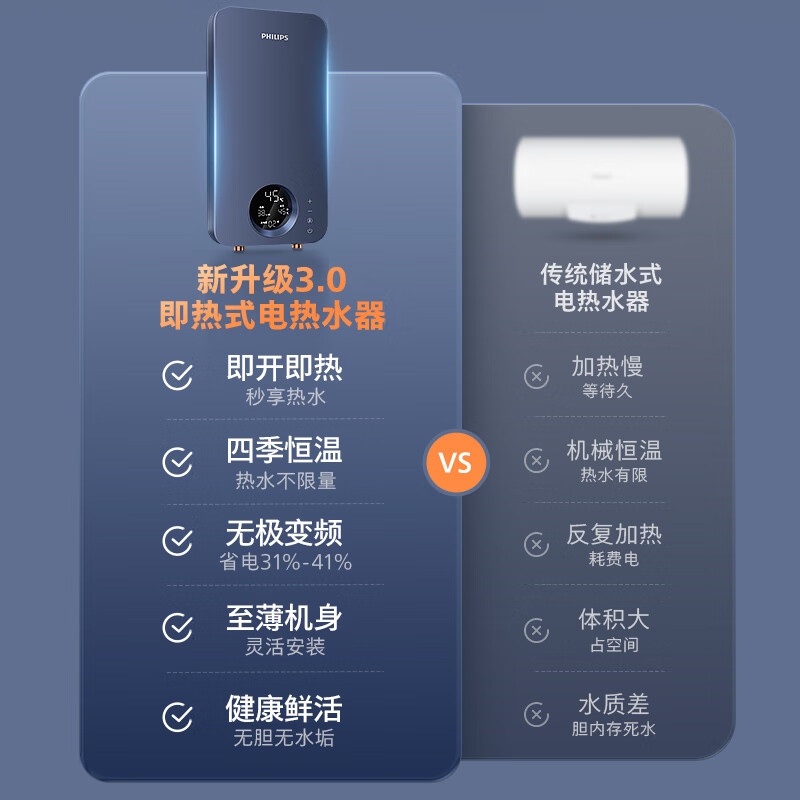 Philips (PHILIPS) instant electric water heater, electric instant heating 8500W fast heating, stepless frequency conversion, intelligent constant temperature, no bladder and no water storage AWH1028/93 (85HB)