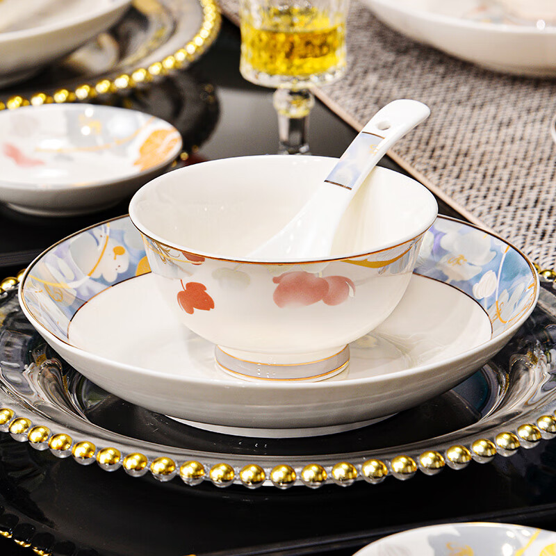 DISHWEER bowls, plates and tableware set 2026 new light luxury new bone china tableware set housewarming gift 62 pieces Lanxiang Yashi