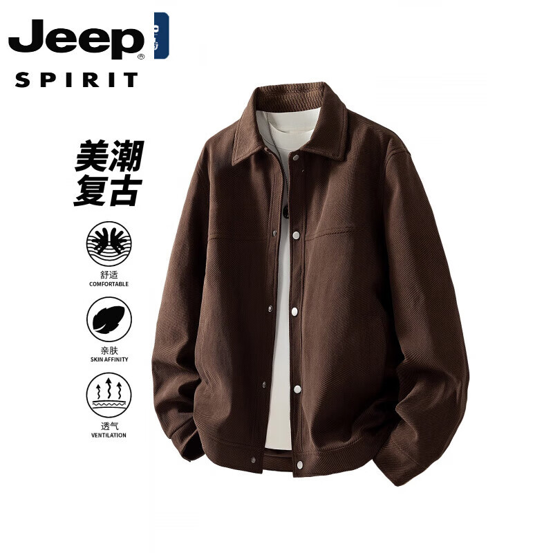 JEEP SPIRIT light luxury simple retro lapel jacket men's autumn and winter loose casual American trend all-match jacket black simple and comfortable M 80-110 catties
