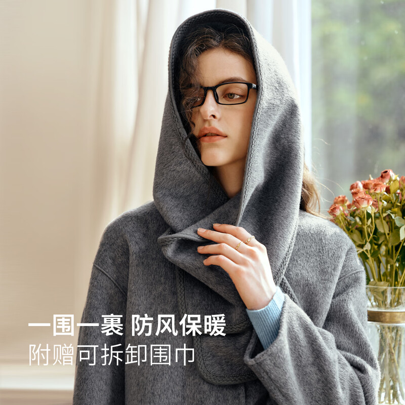 Olrain Commuting Luxury Warm Double-sided Woolen Jacket Winter Women's Woolen Coat with Scarf Top Gray L