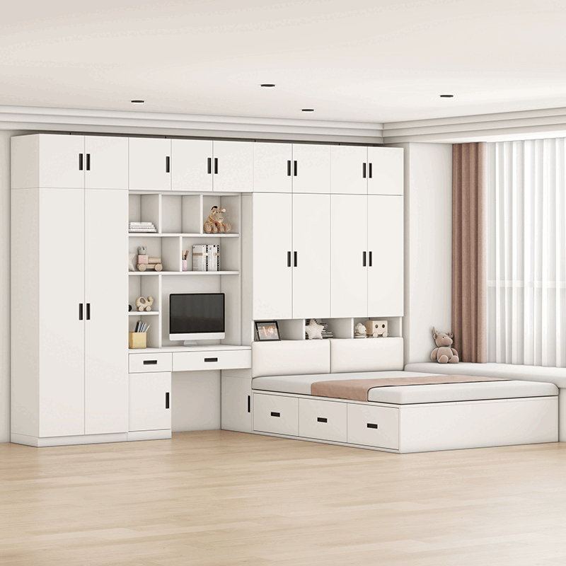 Yusenyi Tatami Small Apartment Bed Cabinet Integrated Wardrobe Desk Children's Bed Multifunctional Combination Storage Bed Bedroom Cloakroom White Tatami + Standing Cabinet + Computer Desk + Mattress 1800mm*2000mm