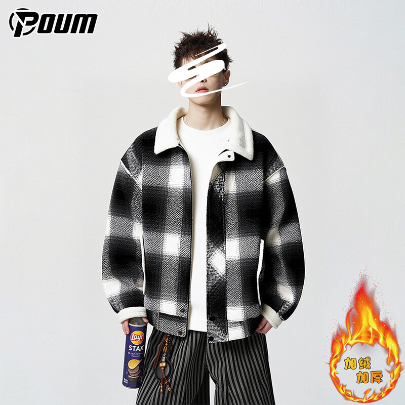 POUM American sherpa jacket men's winter velvet thickened warm color-blocked plaid jacket JRR2187 black L