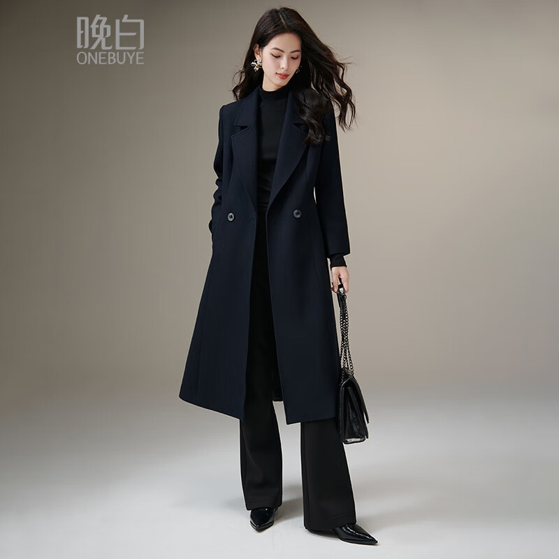 Late White New Product Winter Fashion Retro Mid-Length Coat Crisp and Slim Wool Jacket for Women Dark Blue XL