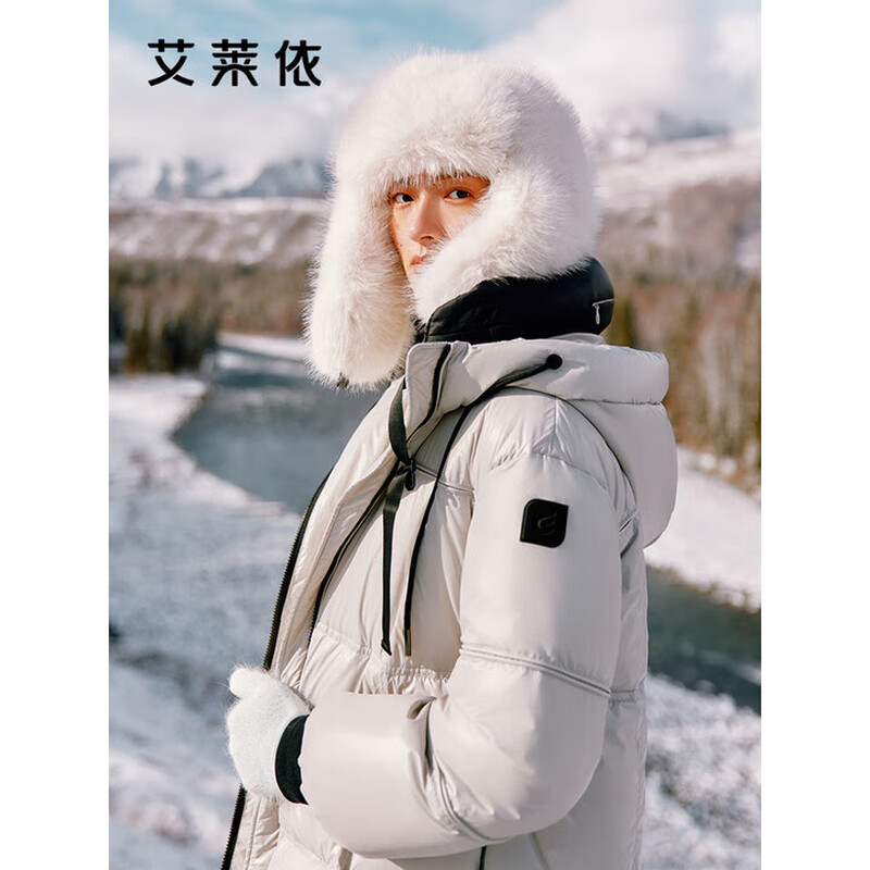 ERAL goose down jacket for women, short down jacket, removable U-shaped pillow, waist drawstring, slimming and warm jacket, pine fog gray M 160, recommended 105-115 catties