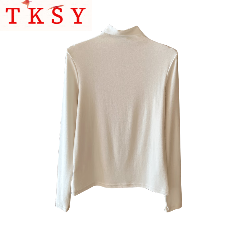 TKSY bottoming shirt for women 2025 new black half-high collar can be worn outside autumn and winter dark gray mid-collar long-sleeved top Almond rice upgraded brushed / style thickened S