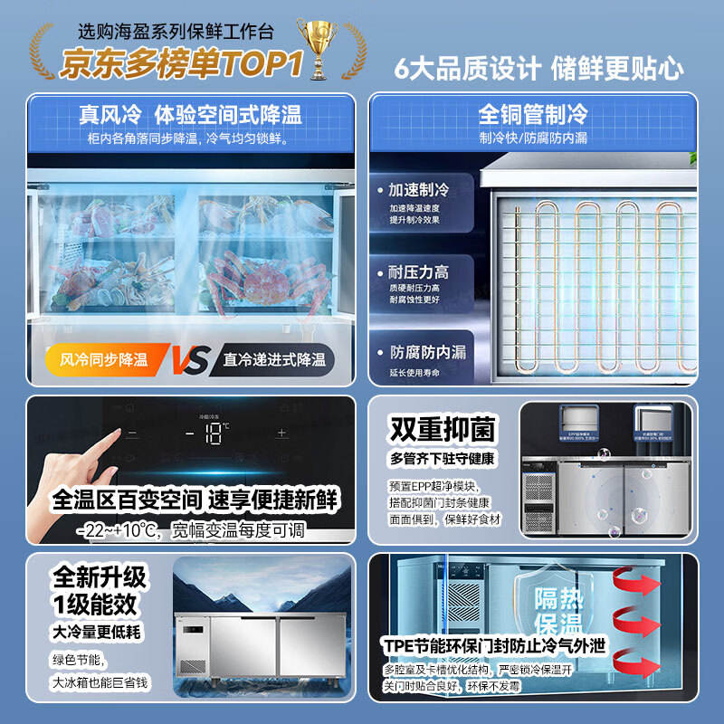 Haier freezer commercial fresh-keeping workbench refrigeration kitchen catering refrigerated cabinet beef and mutton quick-freezing cabinet operation table kitchen water bar stainless steel freezer Haiying top accessories true air-cooled frost-free EPP sterilization refrigeration and freezing 1.8 meters