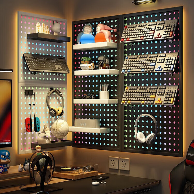 Musong e-sports hole board storage rack Internet cafe wall display rack home study table decoration wall-mounted metal storage rack special black medium partition for e-sports default does not come with light strips and accessories