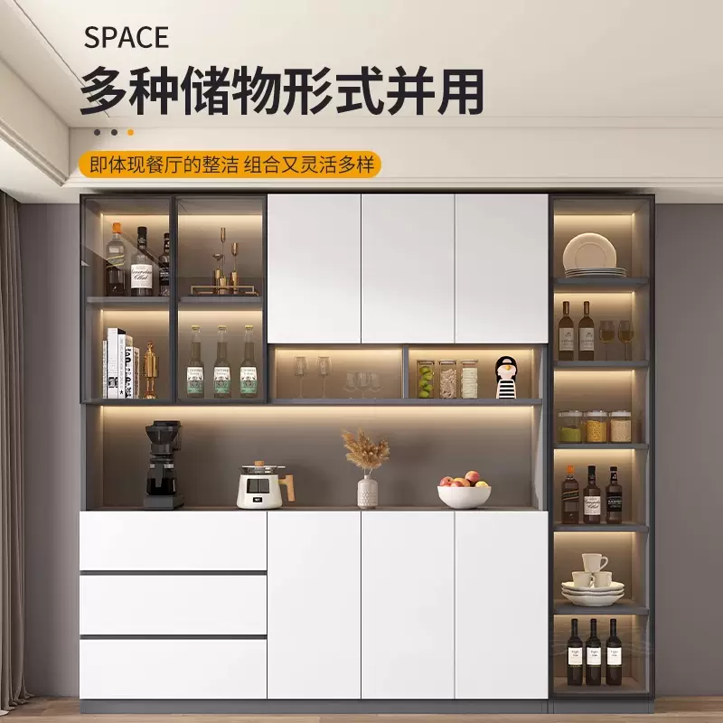 Yusenyi solid wood sideboard glass door high cabinet integrated wall modern simple tea cabinet living room dining room wine cabinet storage cabinet style 18280x32x220 milk coffee color (free installation)