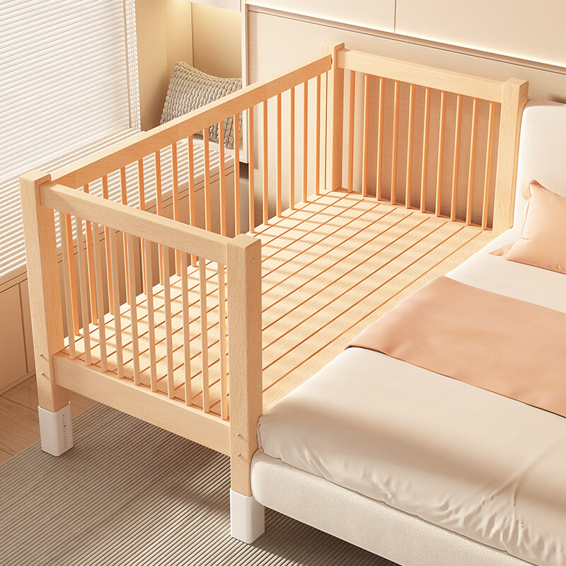 Yongdianfang solid wood children's bed spliced bed can be raised and lowered for babies to widen the bedside and heighten the guardrails for babies and adults can sleep on three sides (side lifting) + 6 cm latex brown cushion + embroidered bear 60 high bed 200x60cm