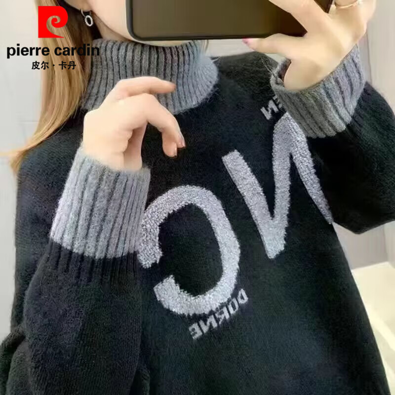 Pierre Cardin thickened velvet turtleneck sweater for women autumn and winter 2025 new style loose long-sleeved pullover bottoming sweater khaki plus velvet S