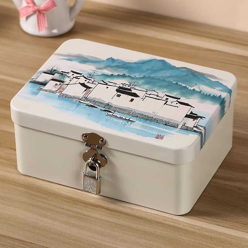 Meikejie lockable small box anti-theft safe small student version adult piggy bank large capacity mobile phone desktop storage box silver iron box-medium lock