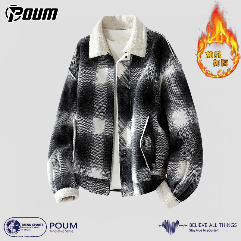 POUM American sherpa jacket men's winter velvet thickened warm color-blocked plaid jacket JRR2187 black L
