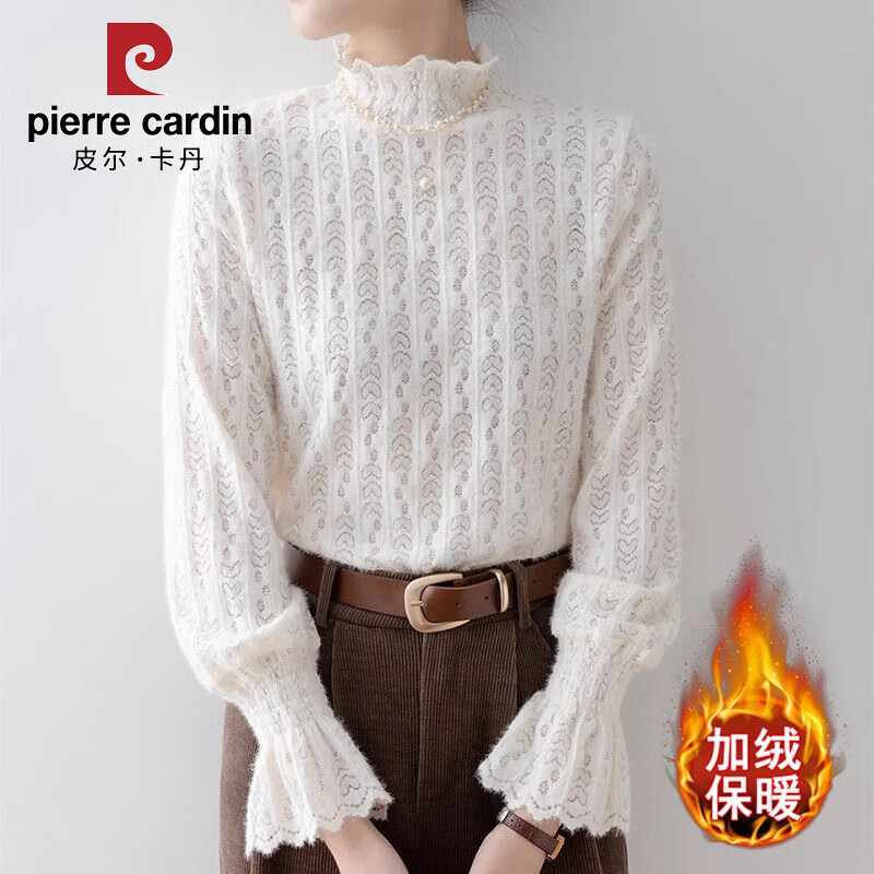 Pierre Cardin Lace Shirt Tops Women's 2025 Autumn and Winter New Style Half-High Collar Hollow Air Flare Sleeve Bottoming Shirt Apricot - (Single Layer Hollow Slightly Transparent) Thin Section S Recommended 85-99 catties