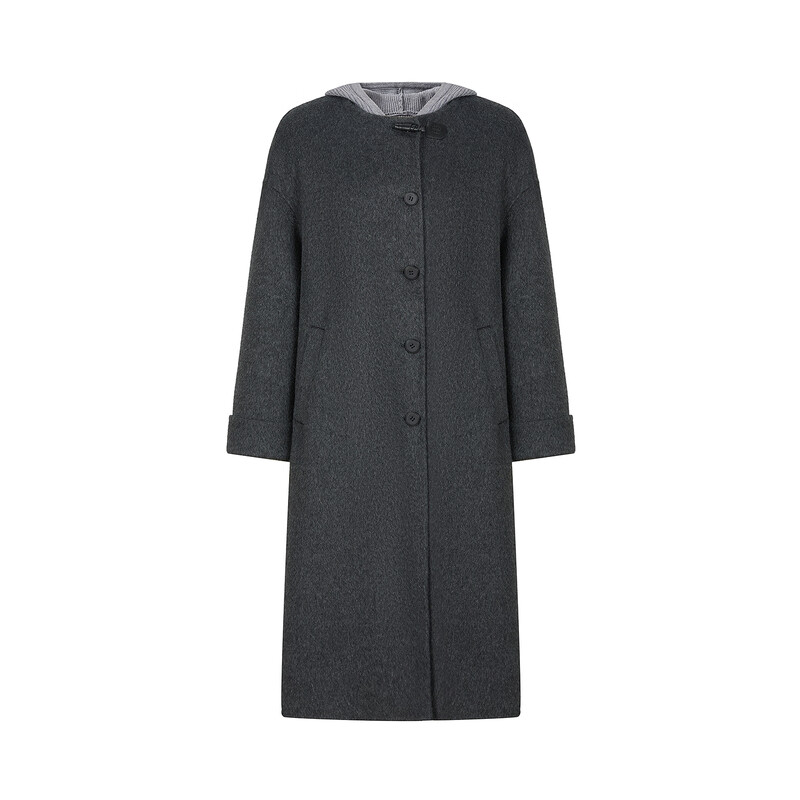 Jiuzi Annako college style 100 wool genuine two-piece hooded collar double-sided woolen coat for women 2025 winter new style dark gray S