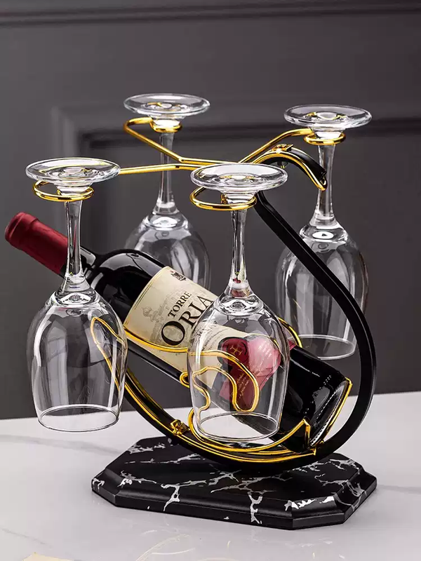 Fantasy red wine rack ornaments, light luxury, high-end household red wine glass set, high-end goblet rack, upside-down storage rack, marble pattern swan rack + new Queshi red wine glass + mountain waterfall decanter