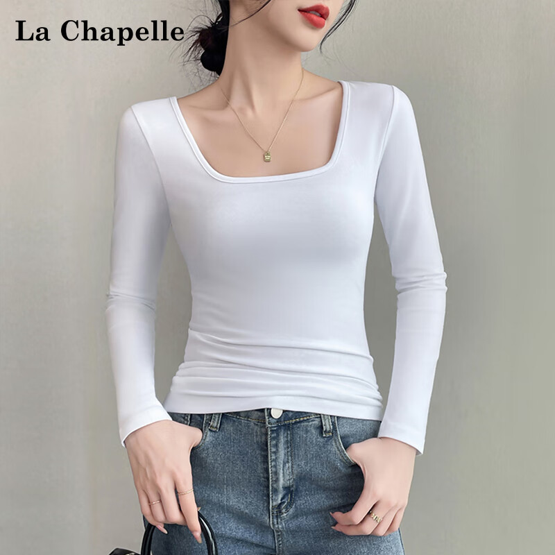 La Chapelle pure cotton square neck long-sleeved bottoming shirt for women spring and autumn right shoulder design fashionable T-shirt top black 2XL