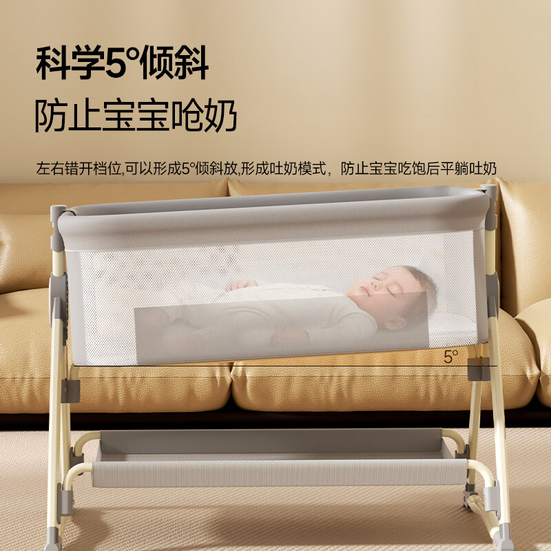 Lookbaby crib, foldable and removable splicing bed, multi-functional crib splicing large bed with changing table for sleeping, exclusive beige + storage basket + mattress + mosquito net + changing table + built-in rollers
