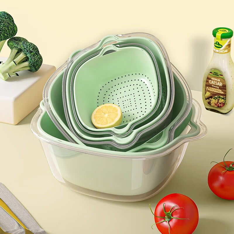 Double-layer PET vegetable drain basket kitchen household plastic fruit plate sink complete set wet and dry light luxury drain basket extra large - green