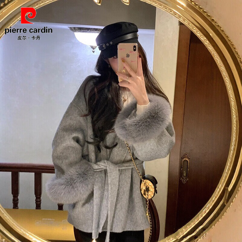 Pierre Cardin oversized fox fur double-sided cashmere coat for women 2025 winter new temperament short small woolen coat gray M