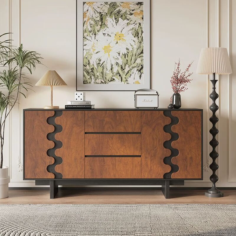 Yimu Private Antique Entrance Cabinet French Retro Solid Wood Living Room Home Storage Cabinet Red Oak Storage Dining Cabinet Double Doors Three Drawers 120*40*90cm