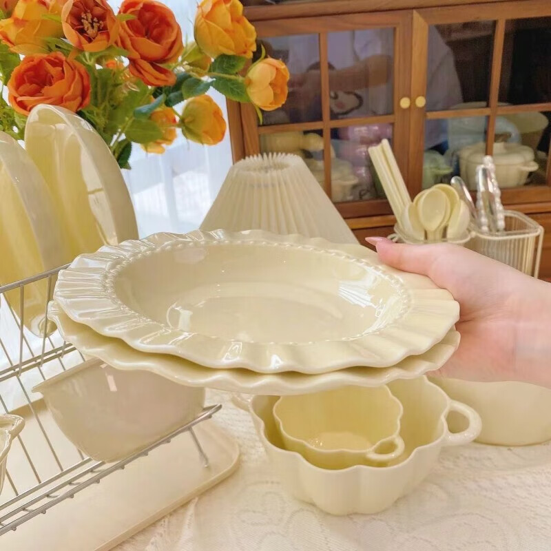 Cream lace plate home breakfast tableware for one person fruit plate salad plate vegetable plate ceramic plate straw hat plate cream straw hat plate 1 piece
