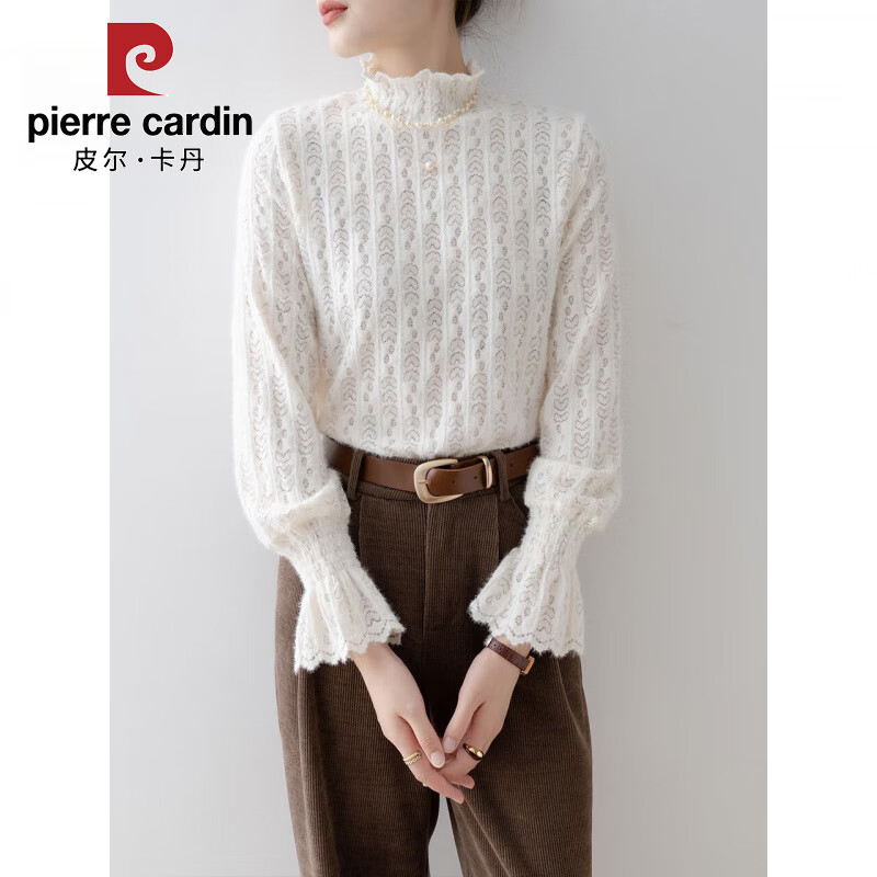 Pierre Cardin Lace Shirt Tops Women's 2025 Autumn and Winter New Style Half-High Collar Hollow Air Flare Sleeve Bottoming Shirt Apricot - (Single Layer Hollow Slightly Transparent) Thin Section S Recommended 85-99 catties