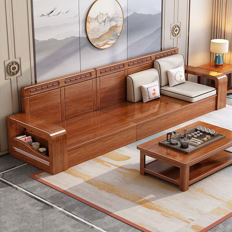 Jiasenmuyu walnut solid wood sofa combination modern Chinese style living room for winter and summer use small apartment high box storage furniture four seats + imperial concubine + coffee table + TV cabinet basic version cotton and linen cover + sponge