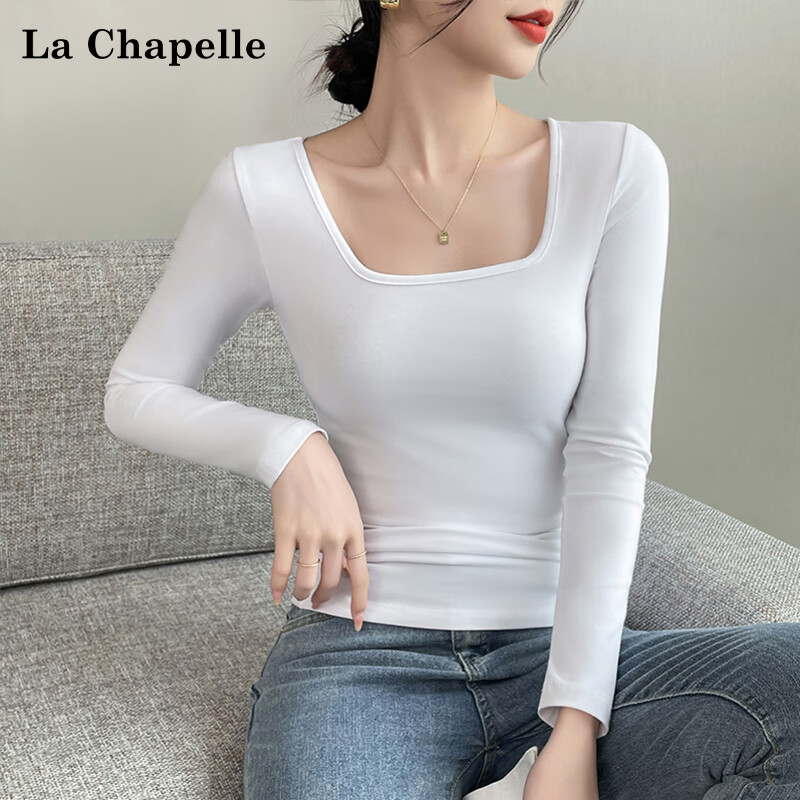 La Chapelle pure cotton square neck long-sleeved bottoming shirt for women spring and autumn right shoulder design fashionable T-shirt top black 2XL
