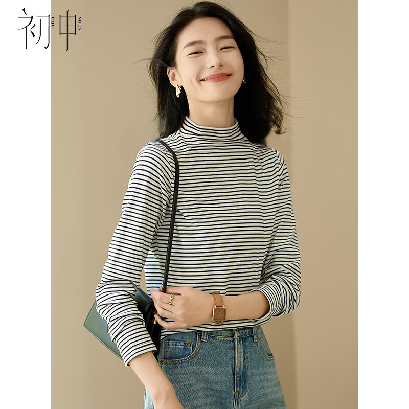Chushen autumn and winter thick long-sleeved T-shirt women's striped half turtleneck versatile warm base shirt top S144S3004