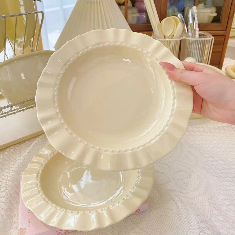 Cream lace plate home breakfast tableware for one person fruit plate salad plate vegetable plate ceramic plate straw hat plate cream straw hat plate 1 piece