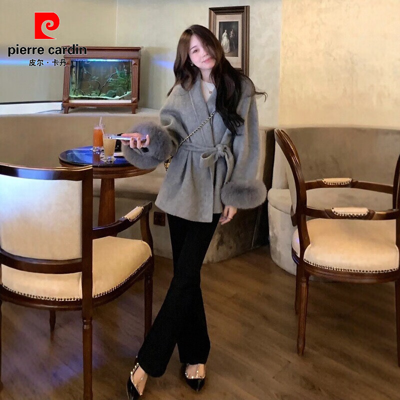 Pierre Cardin oversized fox fur double-sided cashmere coat for women 2025 winter new temperament short small woolen coat gray M