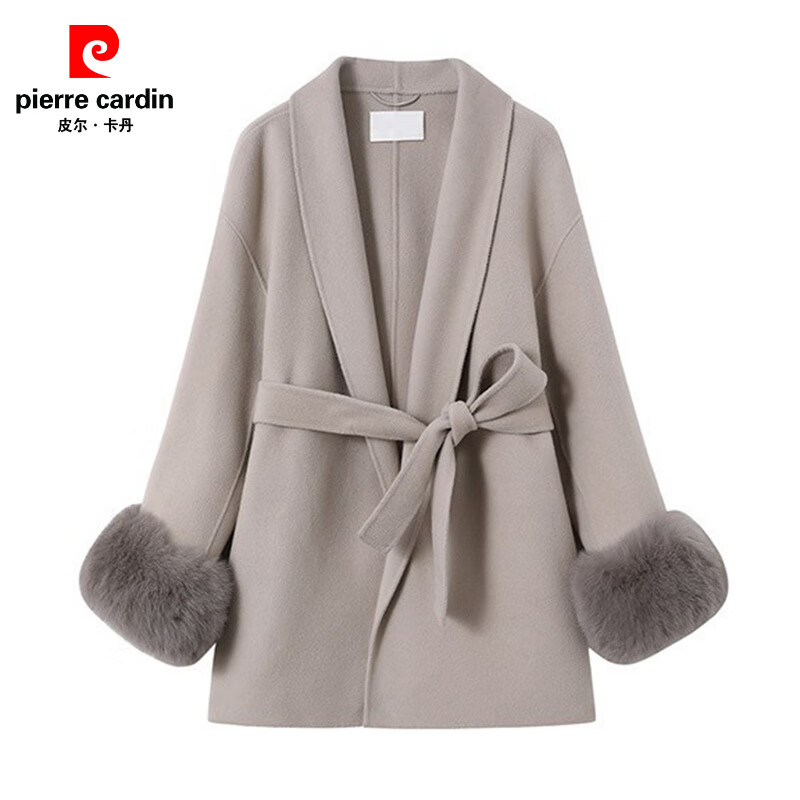Pierre Cardin oversized fox fur double-sided cashmere coat for women 2025 winter new temperament short small woolen coat gray M
