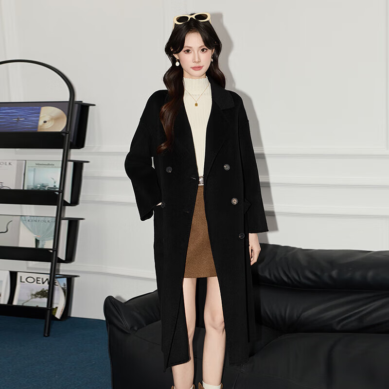 Direct purchase from JD.com | Wool coat for women, double-sided woolen coat, mid-length, loose and versatile, black, one size fits all, recommended 90-130 pounds