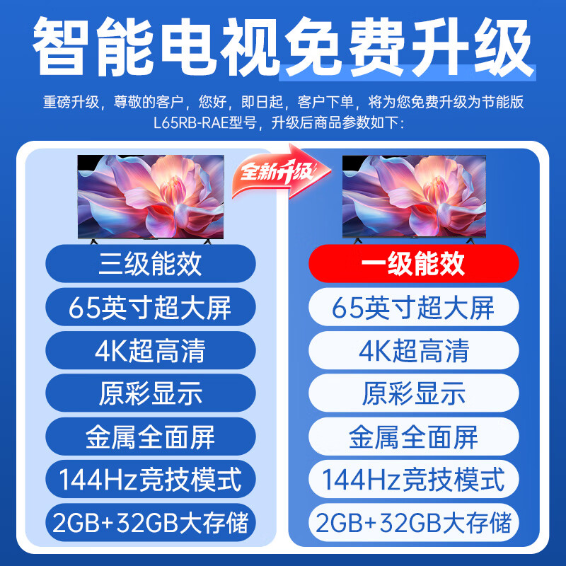 Xiaomi (MI) TV 65-inch 4K ultra-high-definition TV 144Hz competitive mode 2GB+32GB metal full screen smart home LCD flat-panel TV home appliance subsidy 65-inch TV + cart bracket installation included