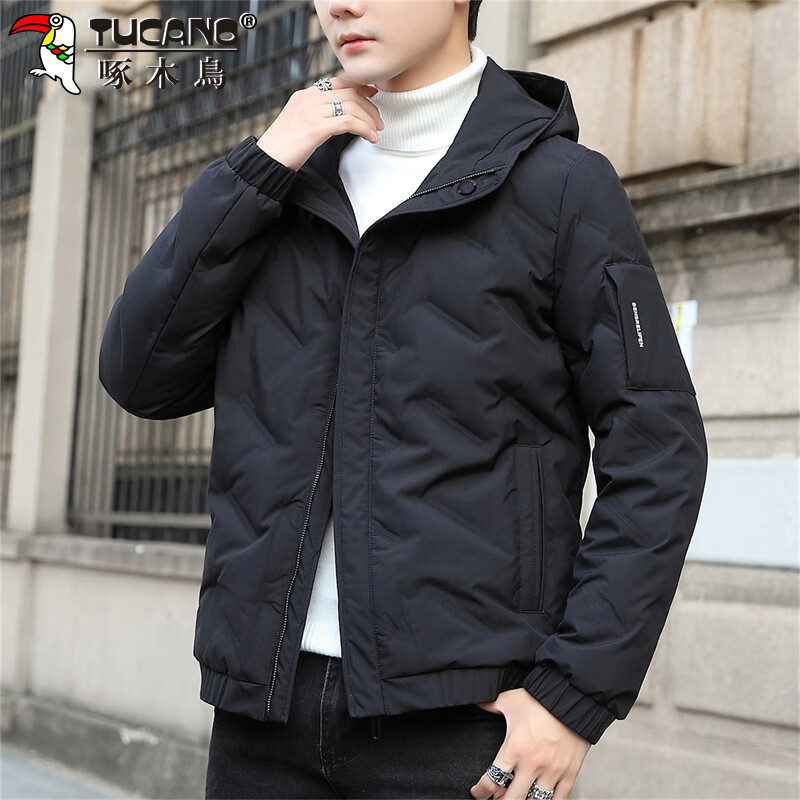 Woodpecker (TUCANO) down jacket men's winter hooded loose trendy short cold-proof warm casual jacket black XL