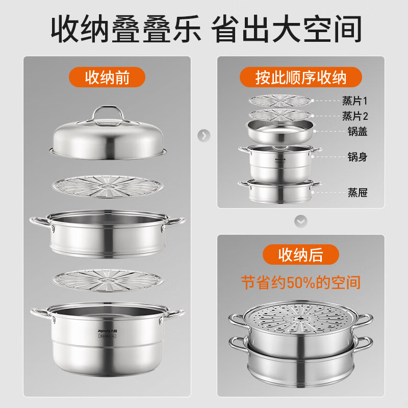 Joyoung steamer 304 stainless steel household thickened large-capacity steel handle stew soup pot gas induction cooker universal three-layer 32cm