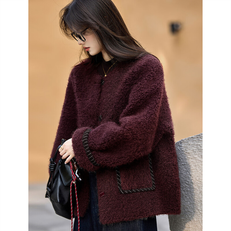 Awakening Paradise Winter Fashion Loose Lazy Style Stitched Imitation Lamb Fur Jacket for Women Burgundy Thick M