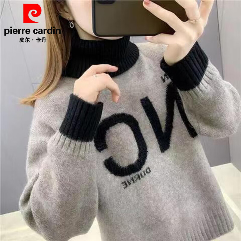Pierre Cardin thickened velvet turtleneck sweater for women autumn and winter 2025 new style loose long-sleeved pullover bottoming sweater khaki plus velvet S