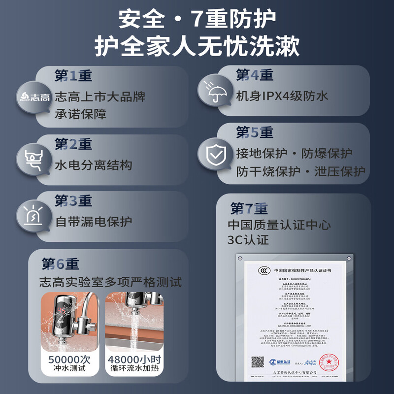 CHIGO electric hot water faucet installation-free stainless steel heating kitchen bathroom kitchen treasure instant hot water heater intelligent digital display snow mountain white + ordinary plug