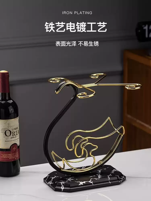 Fantasy red wine rack ornaments, light luxury, high-end household red wine glass set, high-end goblet rack, upside-down storage rack, marble pattern swan rack + new Queshi red wine glass + mountain waterfall decanter