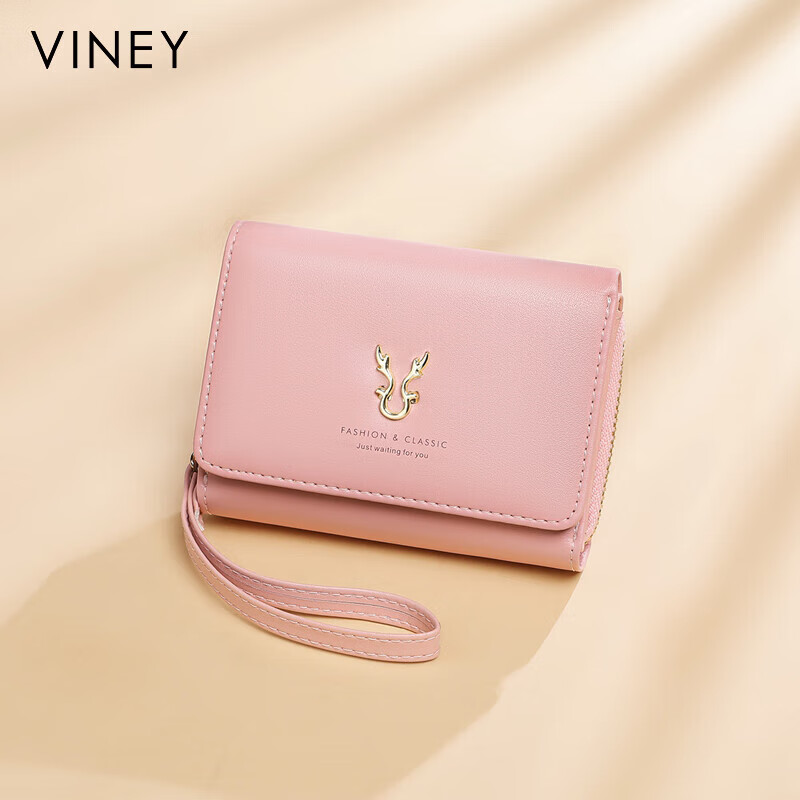 Viney cowhide women's wallet short folding zipper coin purse student multi-card slot multi-functional wallet card holder document bag